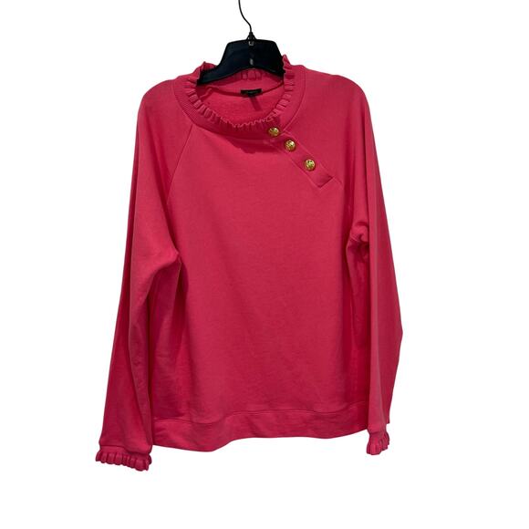 Talbots Pink Ruffle Neck Sweatshirt L 100% Cotton Button Detail Preppy Cozy Chic - Picture 2 of 9